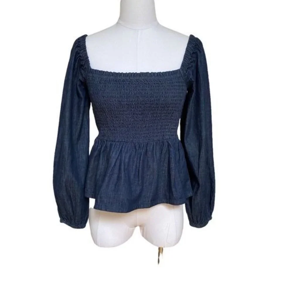 J. Crew Puff Sleeve Chambray Smocked Top in Birch Wash NWT